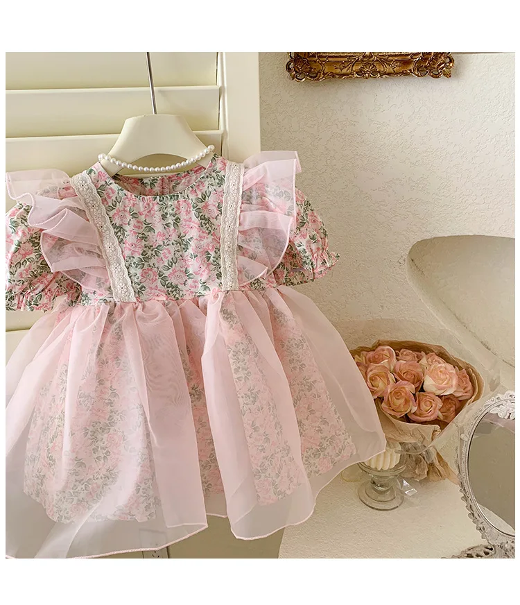 

Kid Girl Pink Floral Dress for Children Delicate Lace Trims Tulle Flutter Sleeves Layered Tulle Elegant Skirt Summer Wear