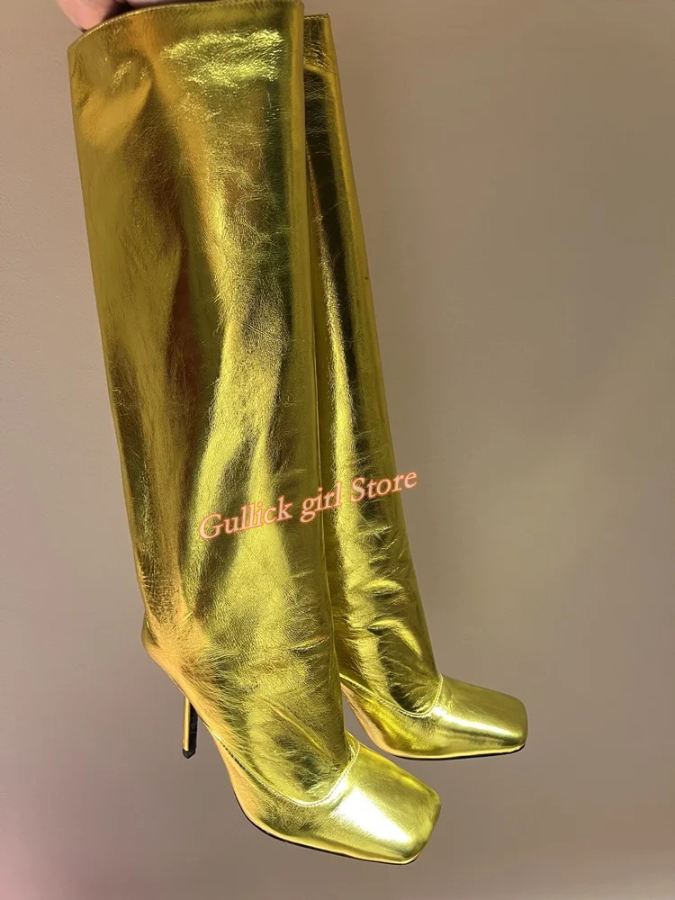 Gold Square Toe Long Boots Knee High Stiletto Thin High Heel Slip On Solid Black Yellow White Fashion 2024 Winter Dress Shoes