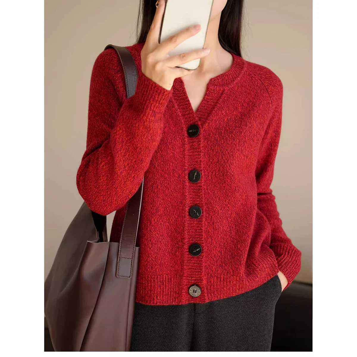 

Red New Year Sle Double Strand 26 Yarn Women's Full Wool Floral Knit Sweater Cardigan Winter Warm Thiened V-ne Coat