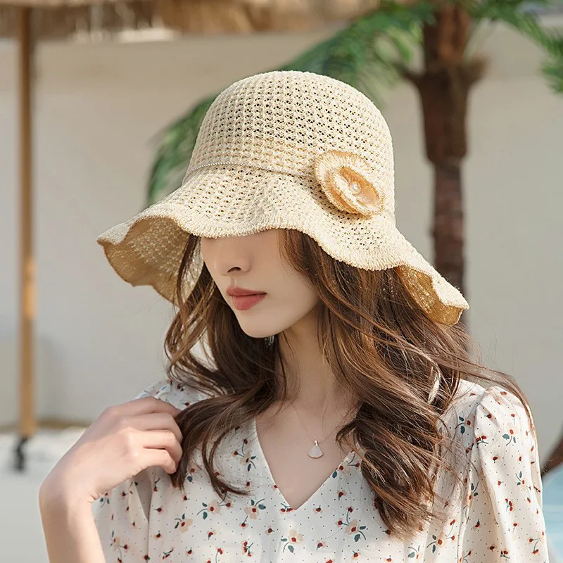 Black Hat Spring Summer Hat Korean Foldable Beach Straw Flower Leisure Sun Protuction Fisherman Bucket Hat for Women Panama Caps