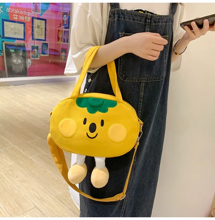 Kawaii Cartoon Canvas Women Crossbody Bag Large Capacity Shoulder Bag Tomato Mung Been Shape Big Tote New Cute Girl Shopping Bag