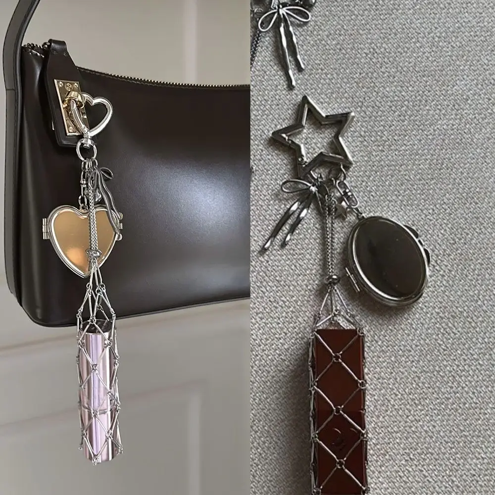 Stainless Steel Metal Net Pocket Lipstick Bag Keychain Charm Bag Accessories Interchangeable Lip Balm Keychain Y2K Silver Color