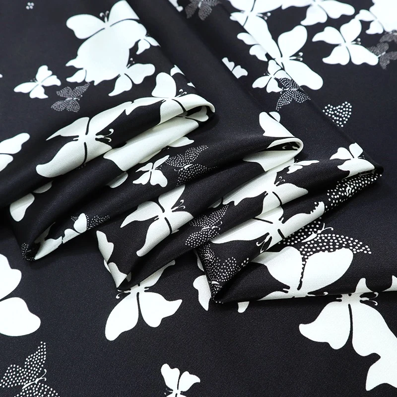 Classic Black and White Butterfly Dance Elastic Satin Mulberry Silk Fabric High-end Clothing Shirt Evening Dress Fabric By Yard