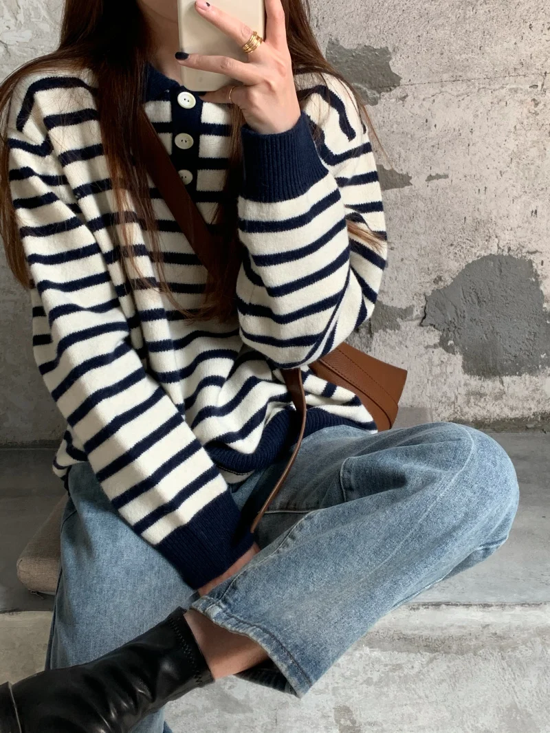 

2023 Autumn Winter Knitted Pullover Women Lapel Long Sleeve Striped Loose Sweater Casual Fashion Top