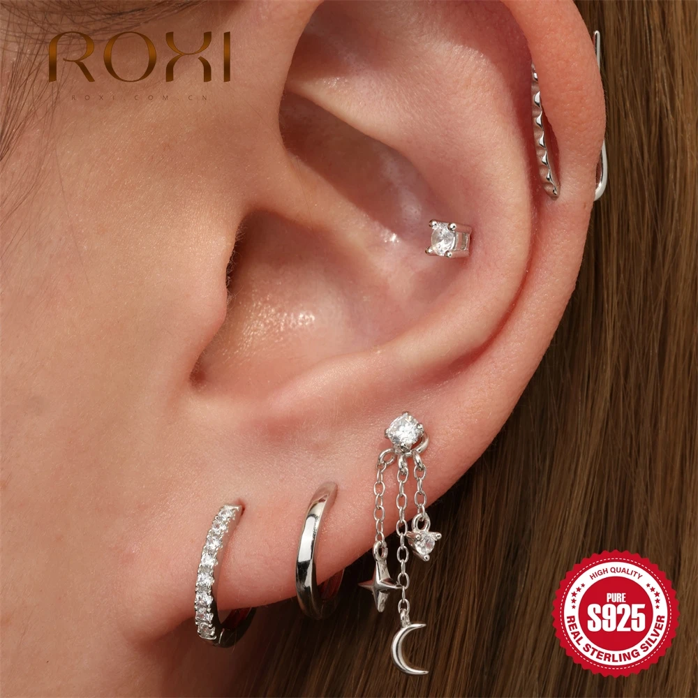 ROXI 925 Sterling Silver Four Claws Zircon Star Moon Tassel Piercing Earrings for Women Classic Earrings Birthday Gifts