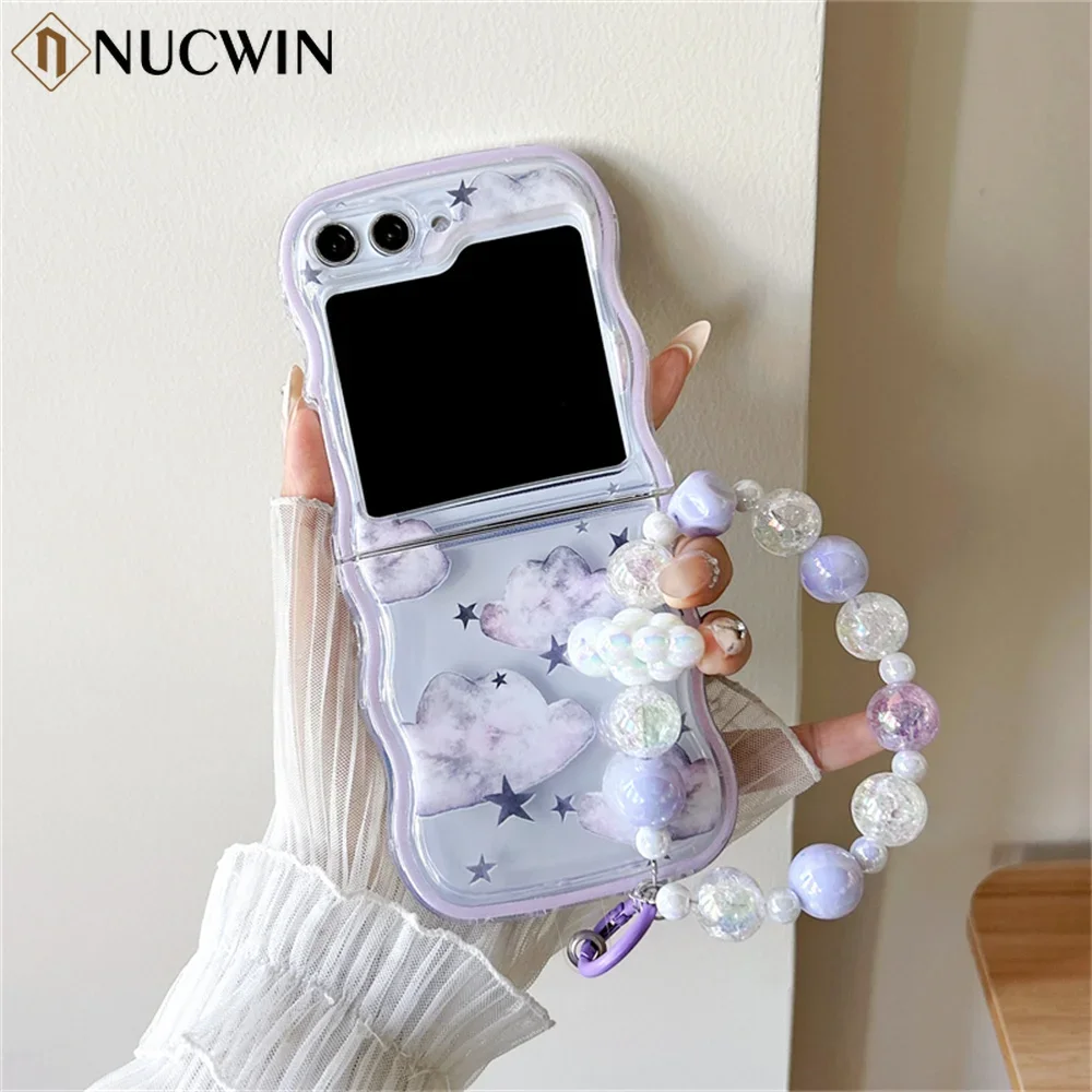 for Samsung ZFlip5 Korea Cartoon Flower Lanyard Case for Samsung Galaxy Z Flip 6 5 4 3 Flip5 Flip6 Wrist Chain Strap Wavy Cover