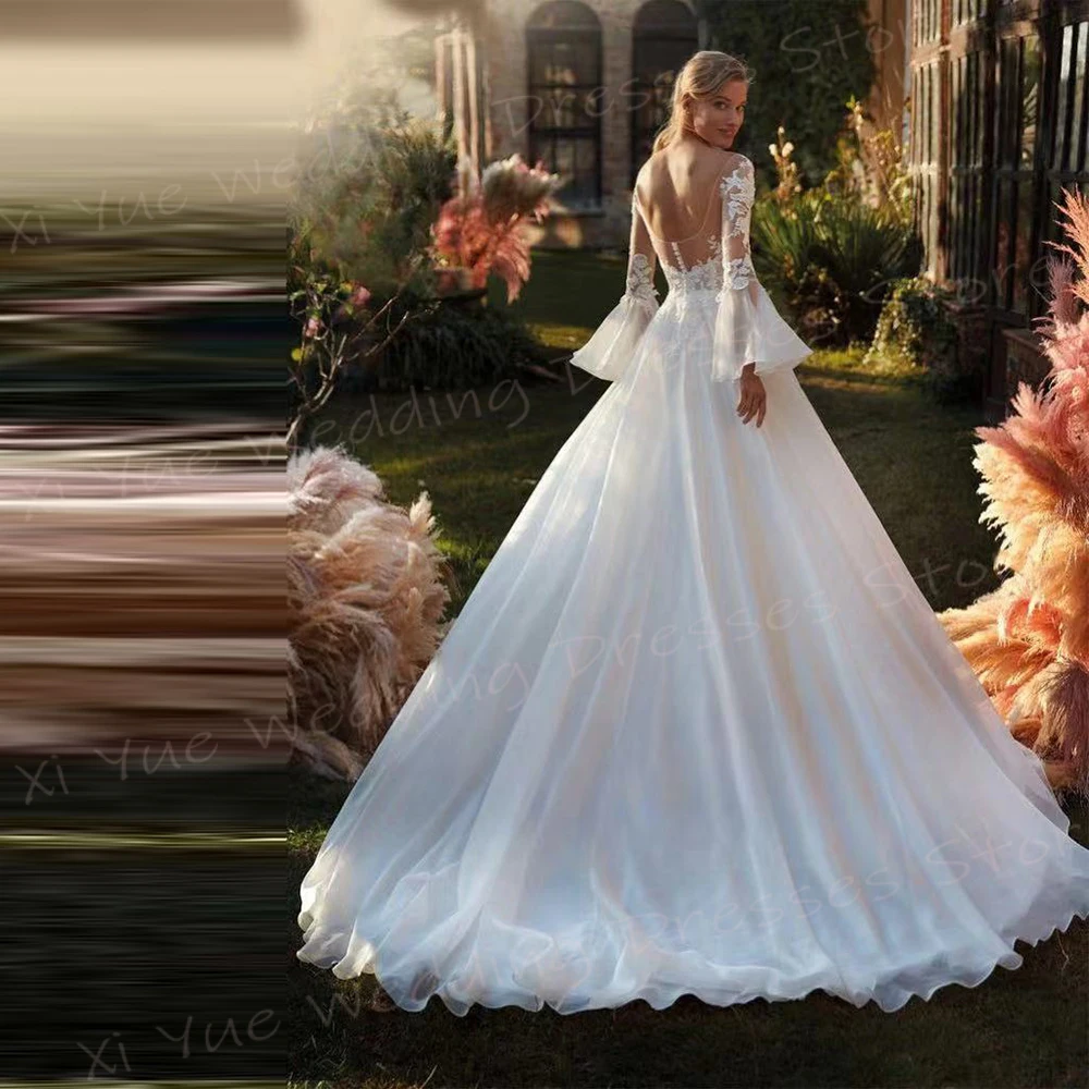 Vestidos De novia De línea A para mujer, apliques encantadores, vestidos De novia De encaje, vestidos De novia modernos De manga larga acampanada, hermoso y elegante