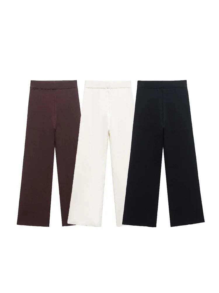 

SIYANG Women Fashion Solid Knitted Straight Pants Vintage High Elastic Waist Full Length Female Chic Lady Trousers