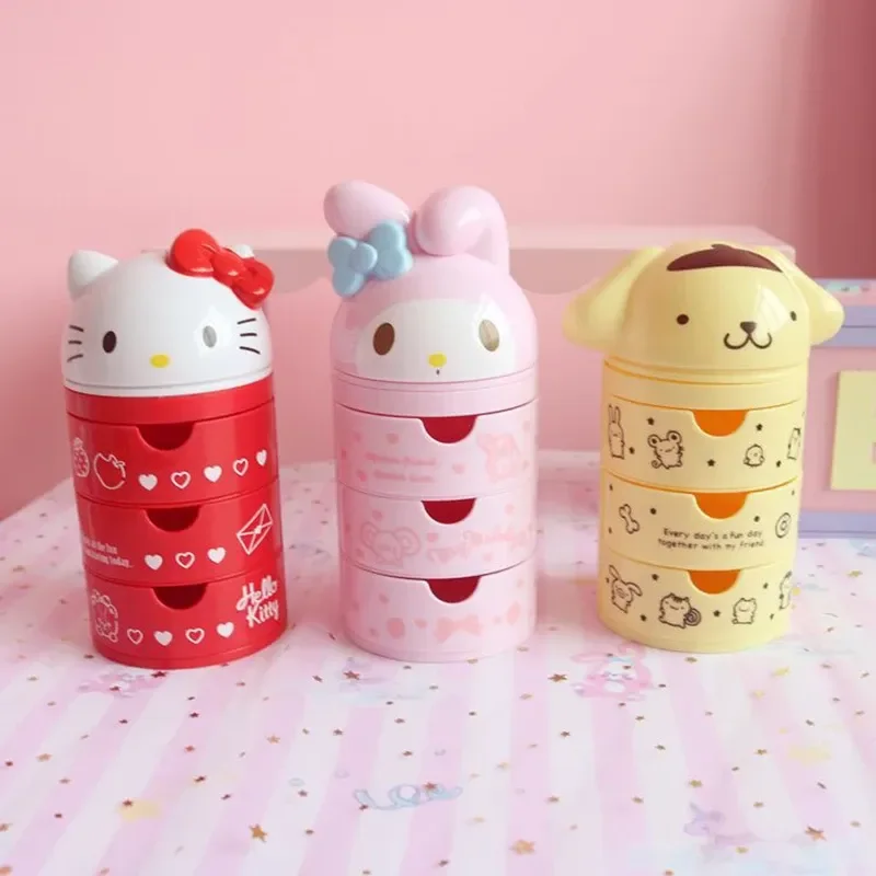 Hello Kitty Kawaii Cartoon Anime My Melody Doll Creative 3 Tier Jewelry Box Hairpin Drawer Storage Box Toys Dressing Case Toys view 3