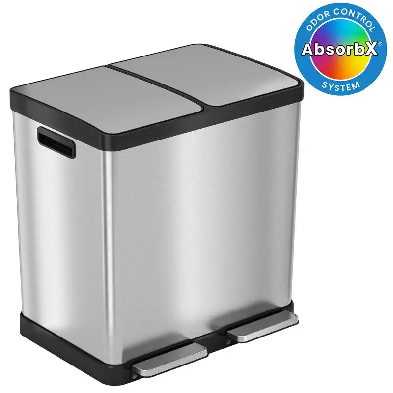 

16 Gallon Dual Compartment Kitchen Trash Can and Recycle Bin, 60 Liter SoftStep Step Can with Two Bins