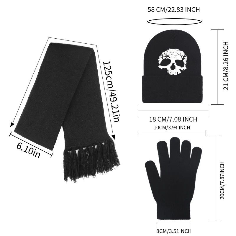 【3Pcs Knit Beanie Scarf Gloves Set】Adult Skull Print Knit Hat, Winter Outdoor Daily Wear, Halloween Party Cosplay Gift