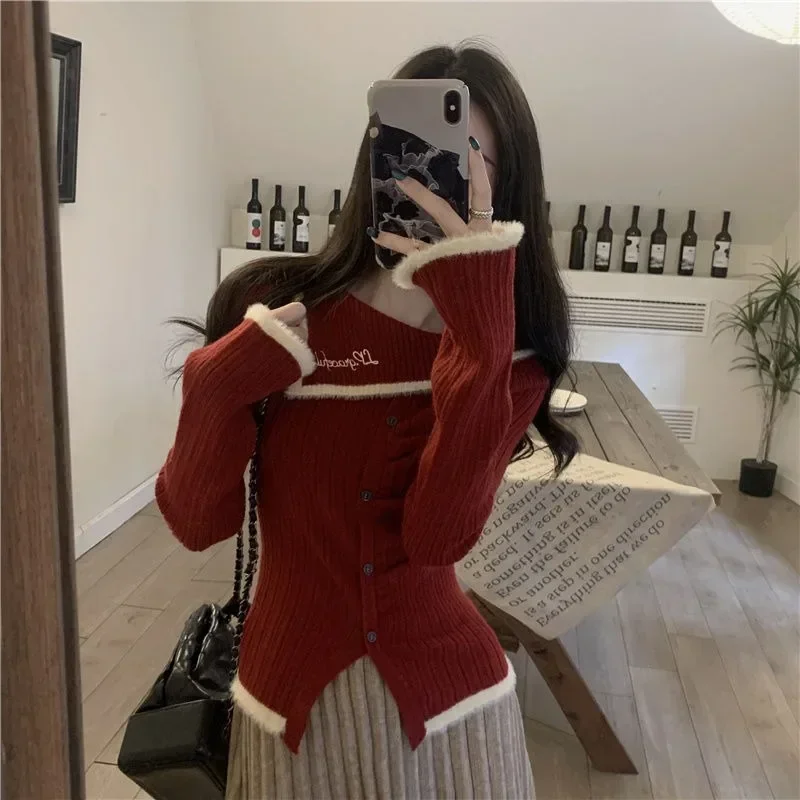 Christmas Off Shoulder Red Sweater Slim Fit Short Knitted Lining Women's Thermal Slim Fit Pullover Y2k Clothes New Goth Jumper