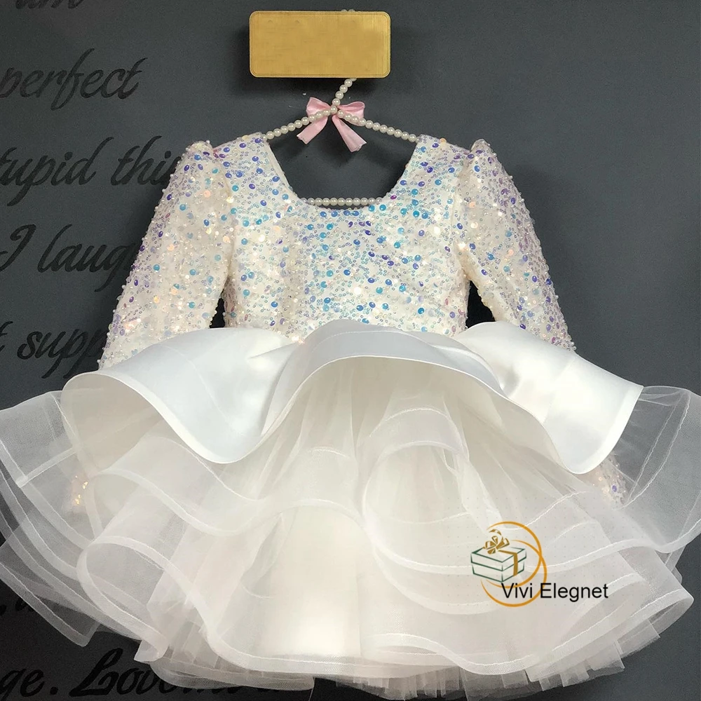 White Real Picture Flower Girl Dresses for Birthday 2023 New Summer Full Sequined Communion Dresses Girls Satin Tiered فساتين بن