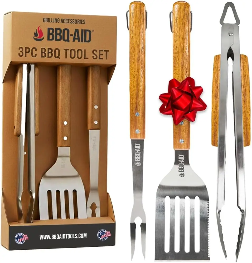 

Stainless Steel BBQ Tongs, Spatula & Fork Set with Hardwood Handles