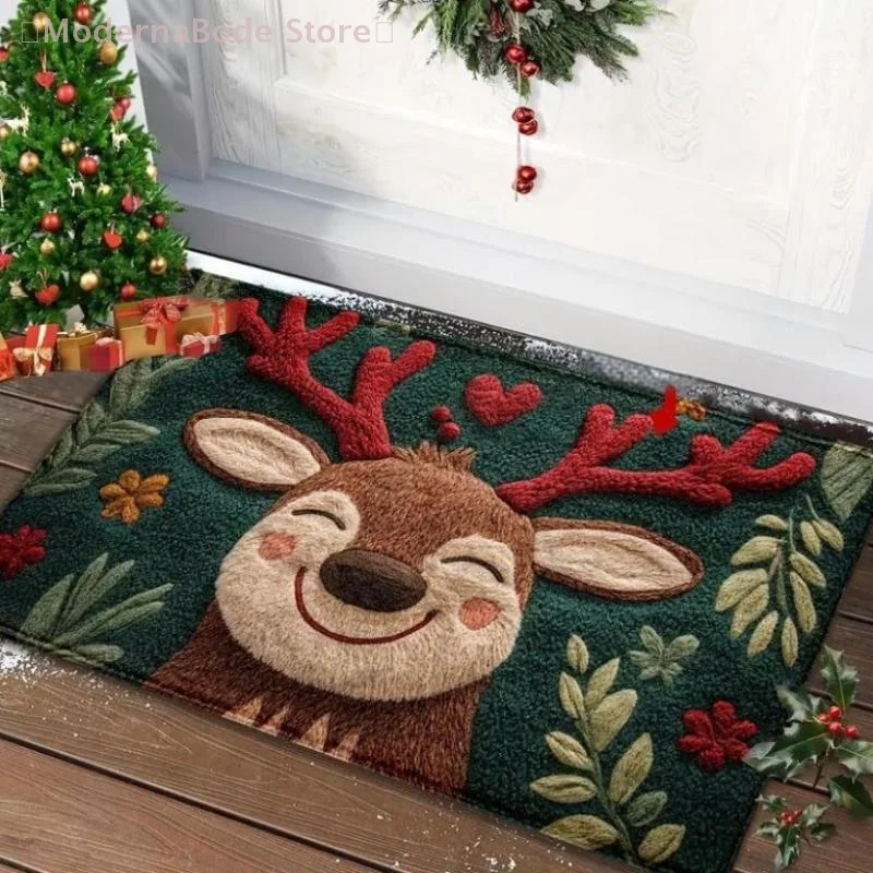 【M】1 tapete de baño esponjoso de microfibra con ciervos navideños, secado rápido y absorbente, diseño festivo festivo con bayas rojas y hojas verdes