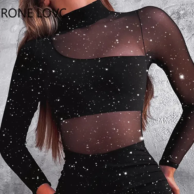 Women Elegant Glitter Long Sleeves Contrast Mesh Patch Sheer Asymmetrical Wrao Bodycon Party Black Dress