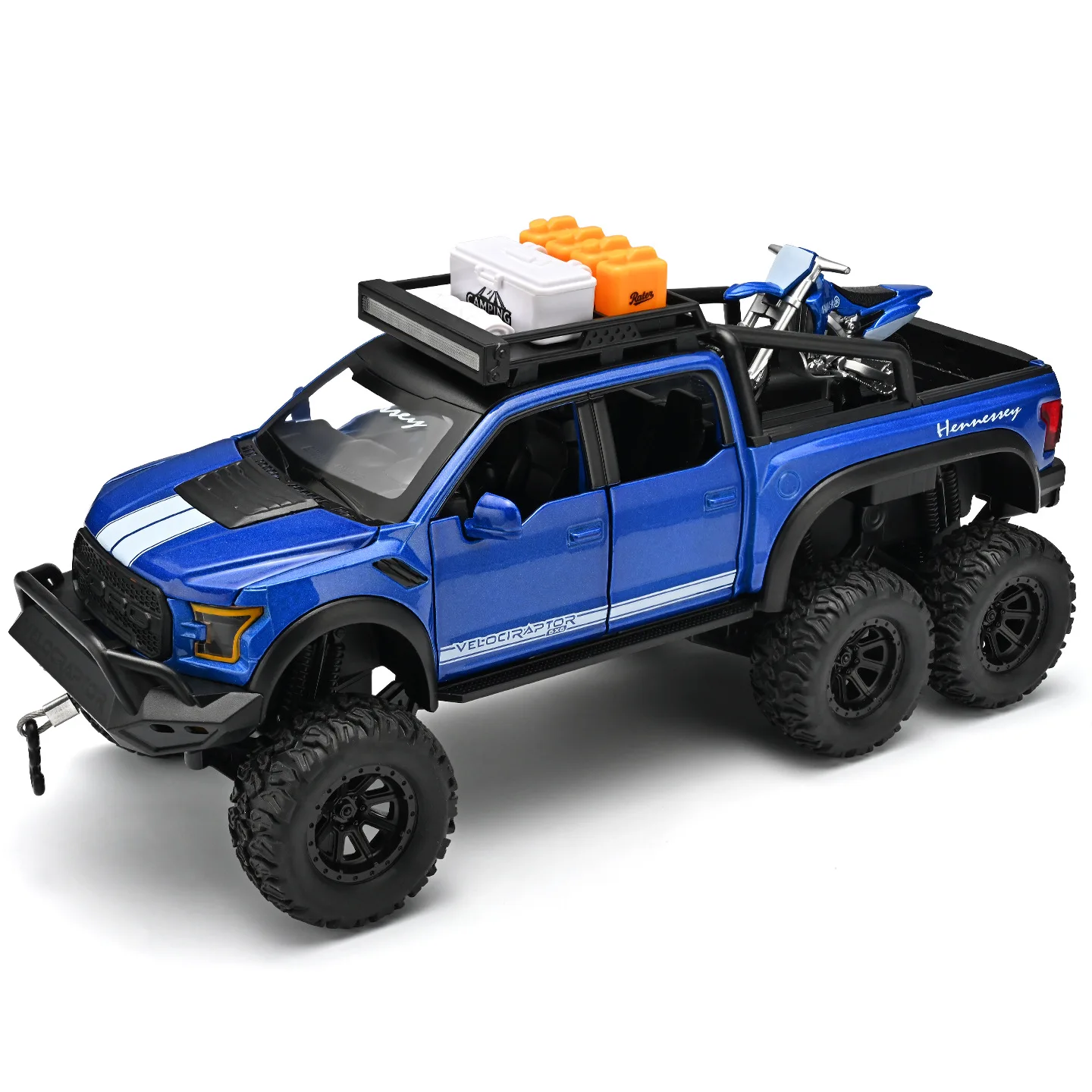 1/24 Raptor F150 Camping Diecast Model Pullback Sound Light Effect Offroad Truck Desktop Display Boys Collection Gift