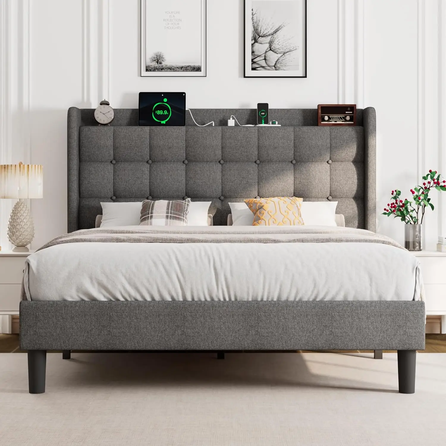 

Bed frame, Platform Bed Frame Charging Station, Modern Wingback Storage Headboard, Solid Wood Slat Support, No Box Spring Needed