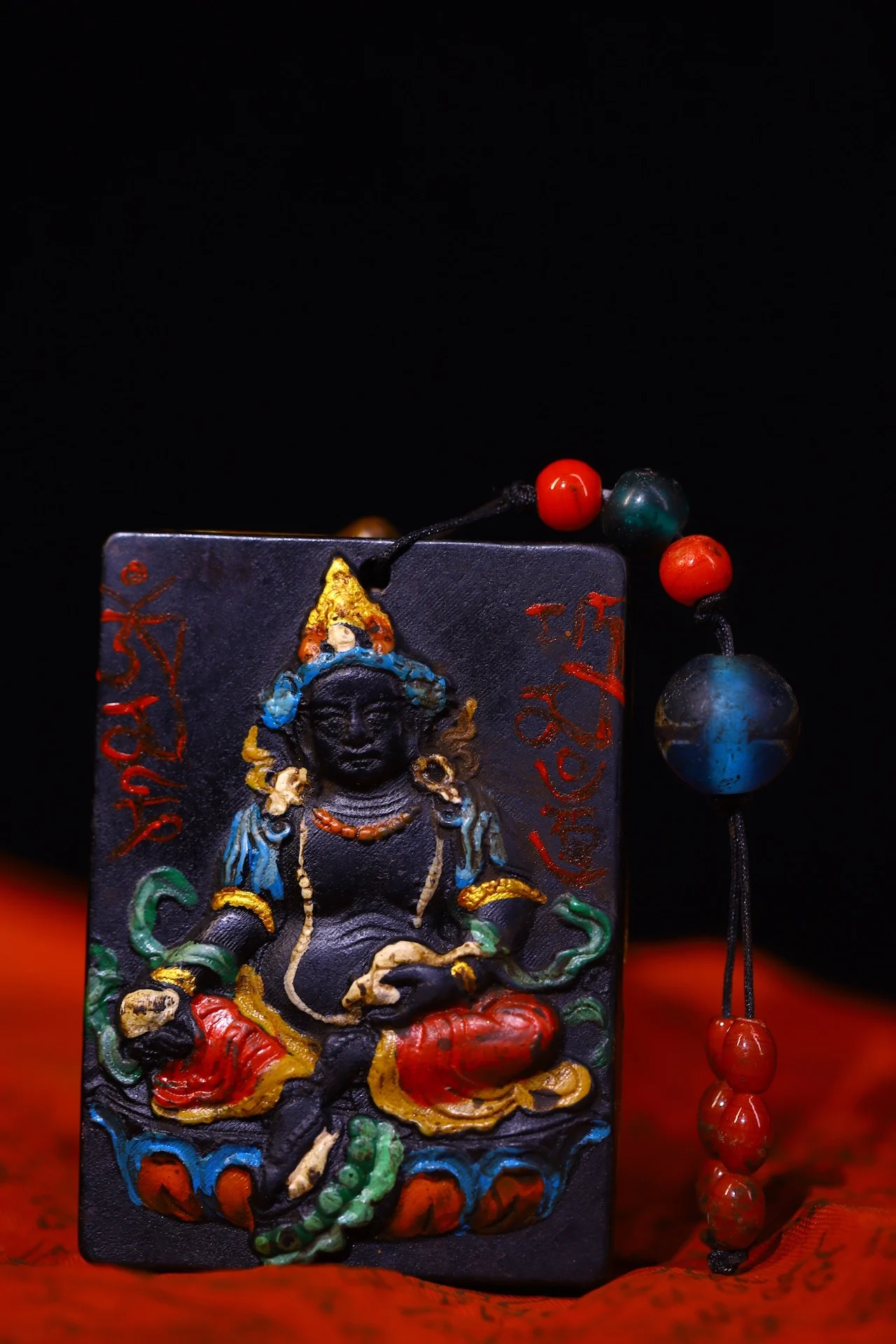 

3"Tibetan Temple Collection Old Natural Meteorite Mosaic Gem gZi Beads Turquoise Yellow Jambhala Buddha Card Pendant