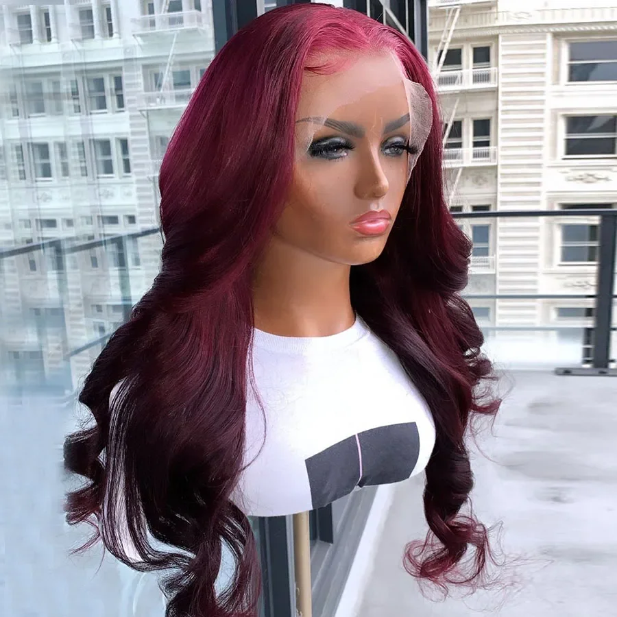 

Preplucked Natural WIn Red Soft 180Density 26Inch Long Body Wave Lace Front Wig For Black Women BabyHair Heat Resistant Glueless