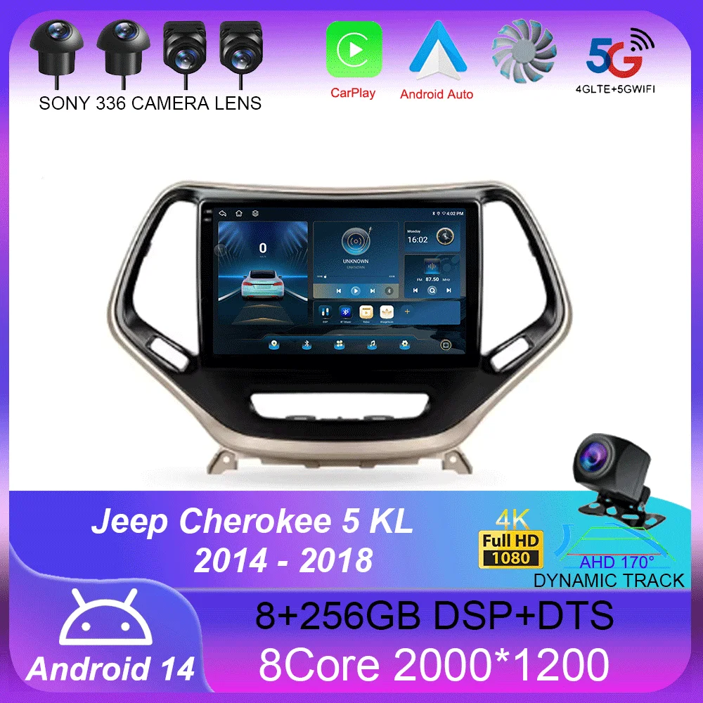 

For Jeep Cherokee 5 KL 2014 - 2018 Carplay Auto 4G+WIFI GPS Car Radio Navigation Multimedia Video Player Stereo BT Android 14