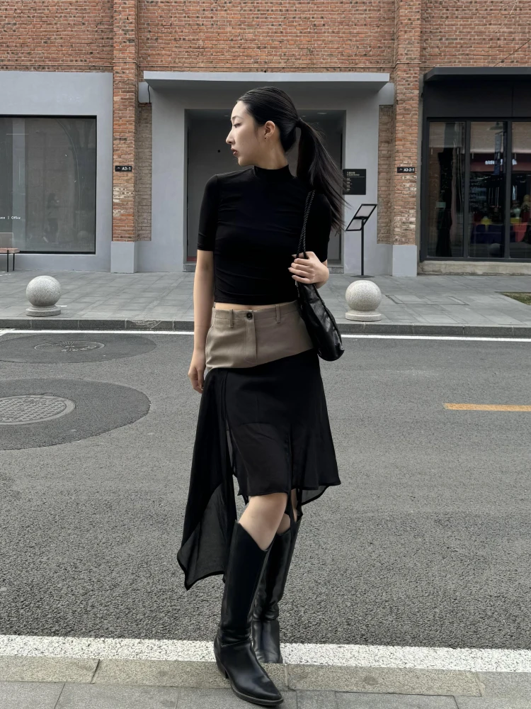 

High Waist A-Line Skirt with Silk Mesh Splicing Retro Asymmetric Hemline Women's Summer New High Quality Midi Skirt