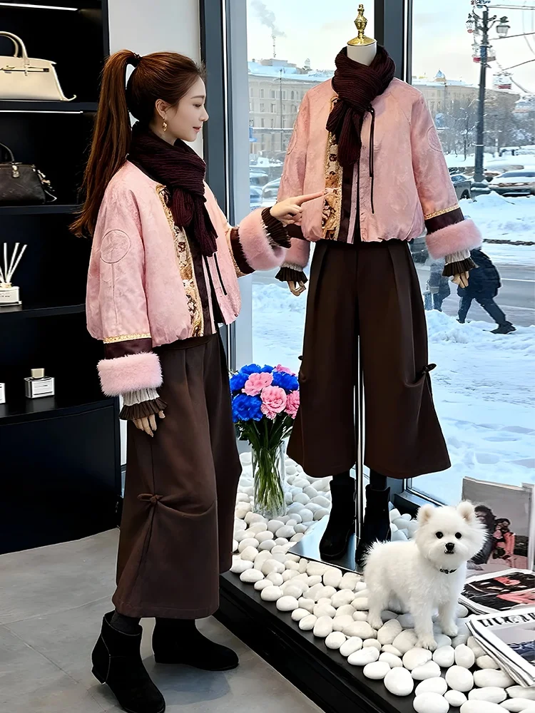 

Модный китайский хлопковый комплект из пальто и брюк с широкими штанинами, женский зимний новый повседневный теплый костюм с высокой талией