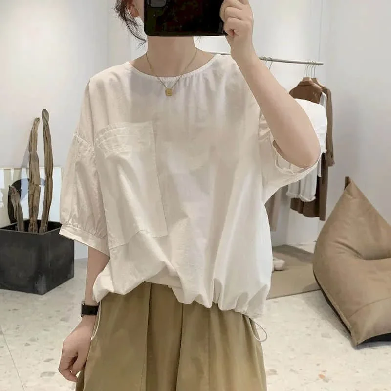 

Однотонные рубашки для женщин, хлопковые винтажные рубашки с коротким рукавом и круглым вырезом, свободные повседневные рубашки большого размера в корейском стиле, блузка на шнурке, женские топы