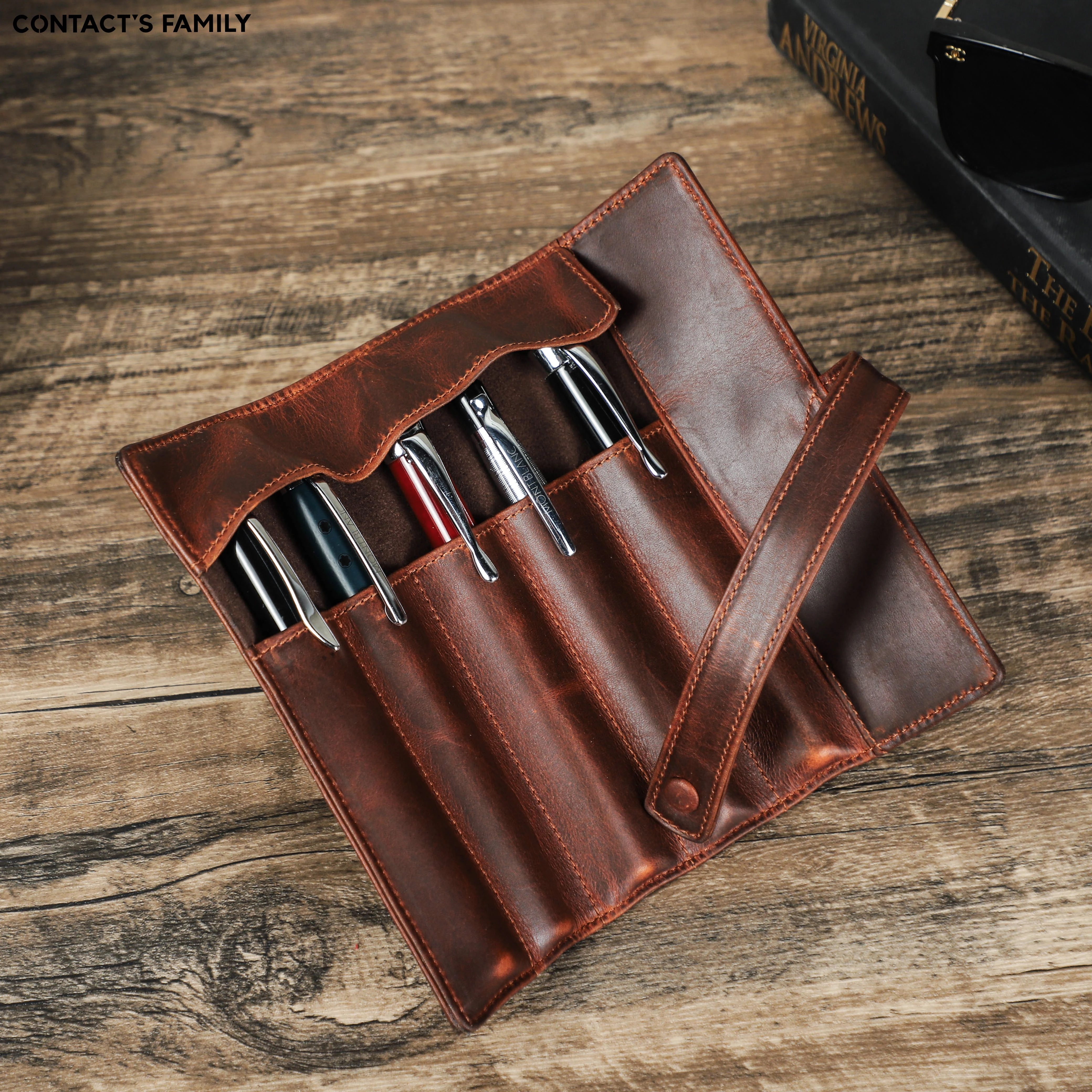 Retro Handmade Genuine Leather Folding 5 Slots Pencil Case Portable Buckle Pen Holder Office School Pouch Supplies Stationery