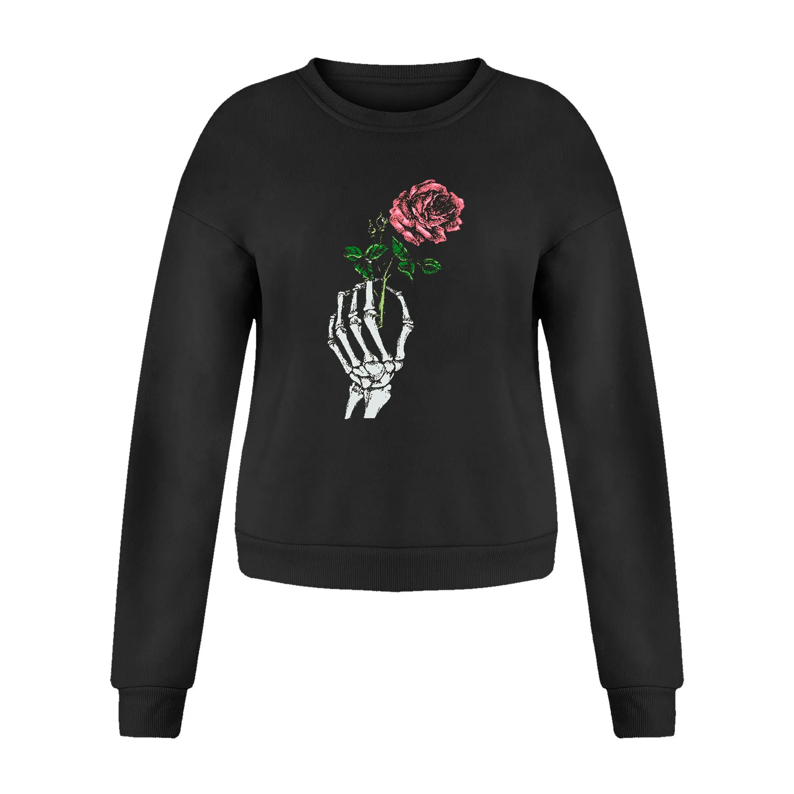 Sudadera con capucha de gran tamaño para mujer, sudadera con estampado de manos de esqueleto y rosas, sin capucha, cuello redondo, manga larga, sudaderas con capucha para Halloween, Jersey deportivo