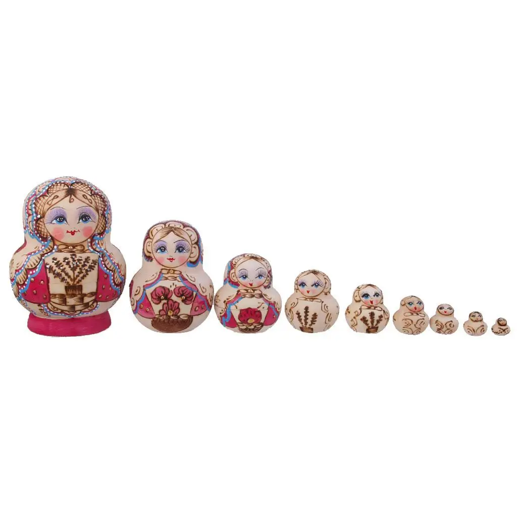 Muñeca apilable rusa hecha a mano, muñecas de anidación Matryoshka fucsia, 10 piezas