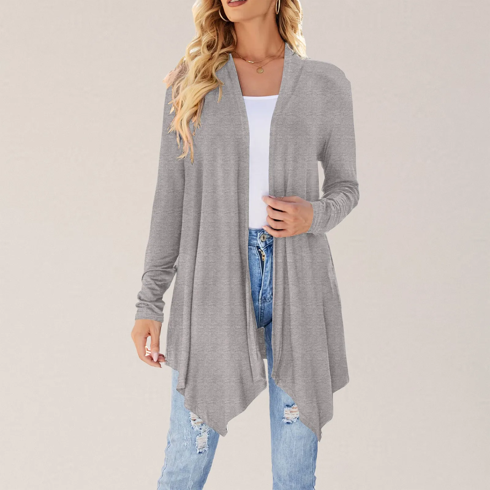 

Women Fashion Long Sleeve Cardigan Spring And Autumn Lightweight Open Front Draped Mid Long Coat Solid Color Cardigan For Women