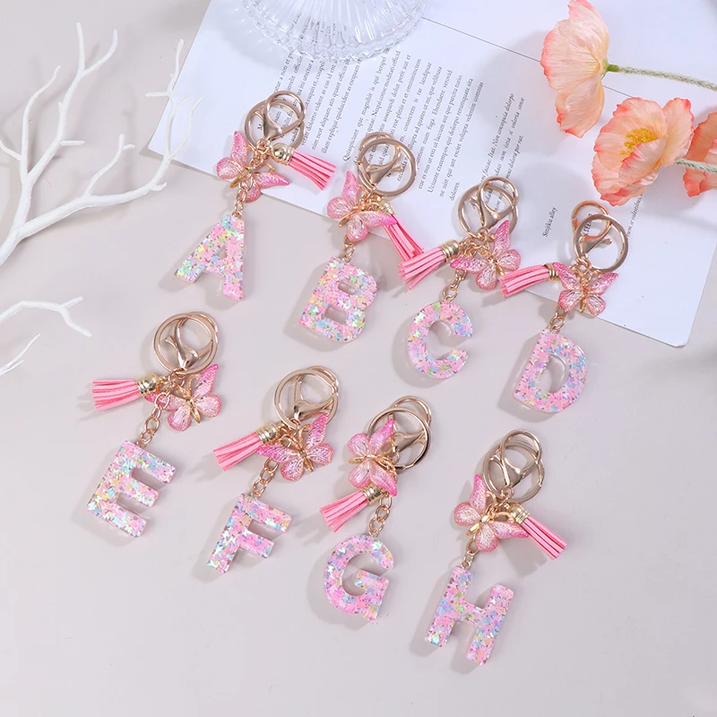 A-Z Dreamy Sequin Letters Keychain For Women Tassel Butterfly Pendant Initial Keyring Purse Suspension Bags Charms Car Key Chain