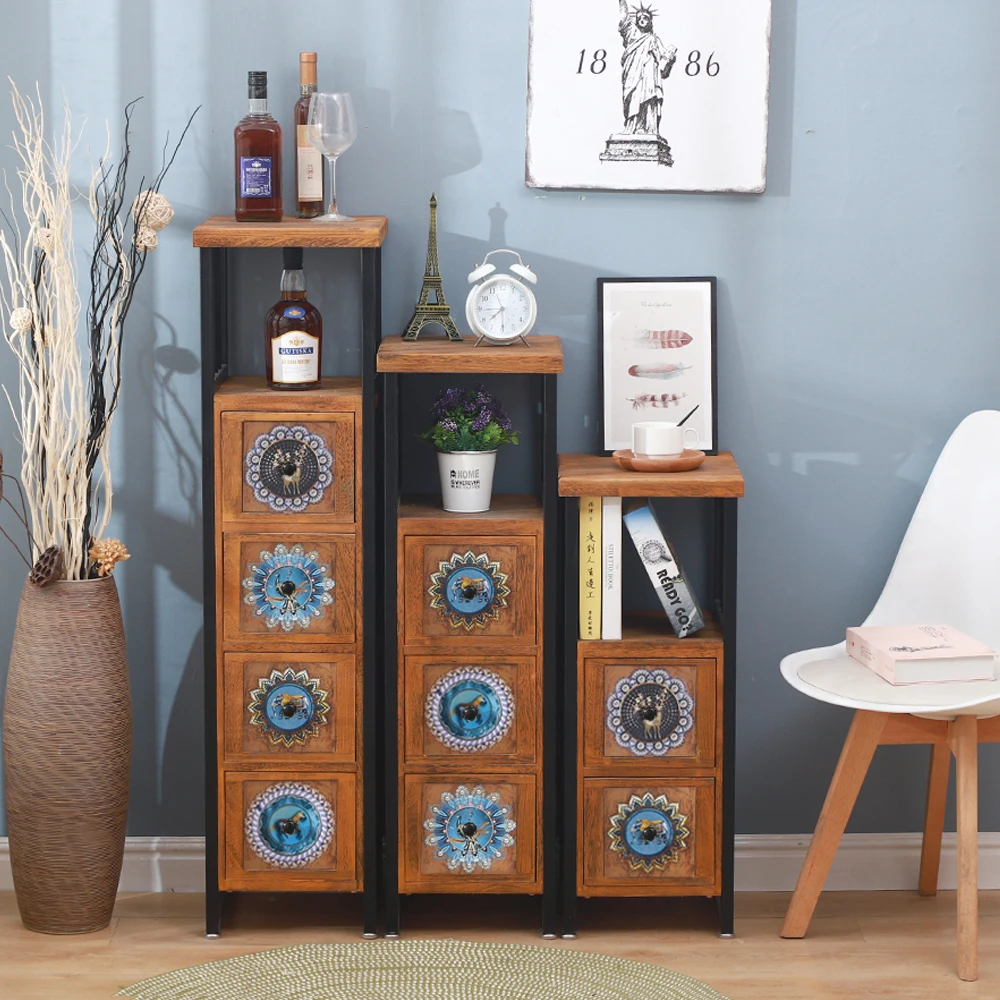 American-Style Solid Wood Chest of Drawers Balcony Flower Stand Living Room Mini Narrow Cabinet Retro Chest of Drawers