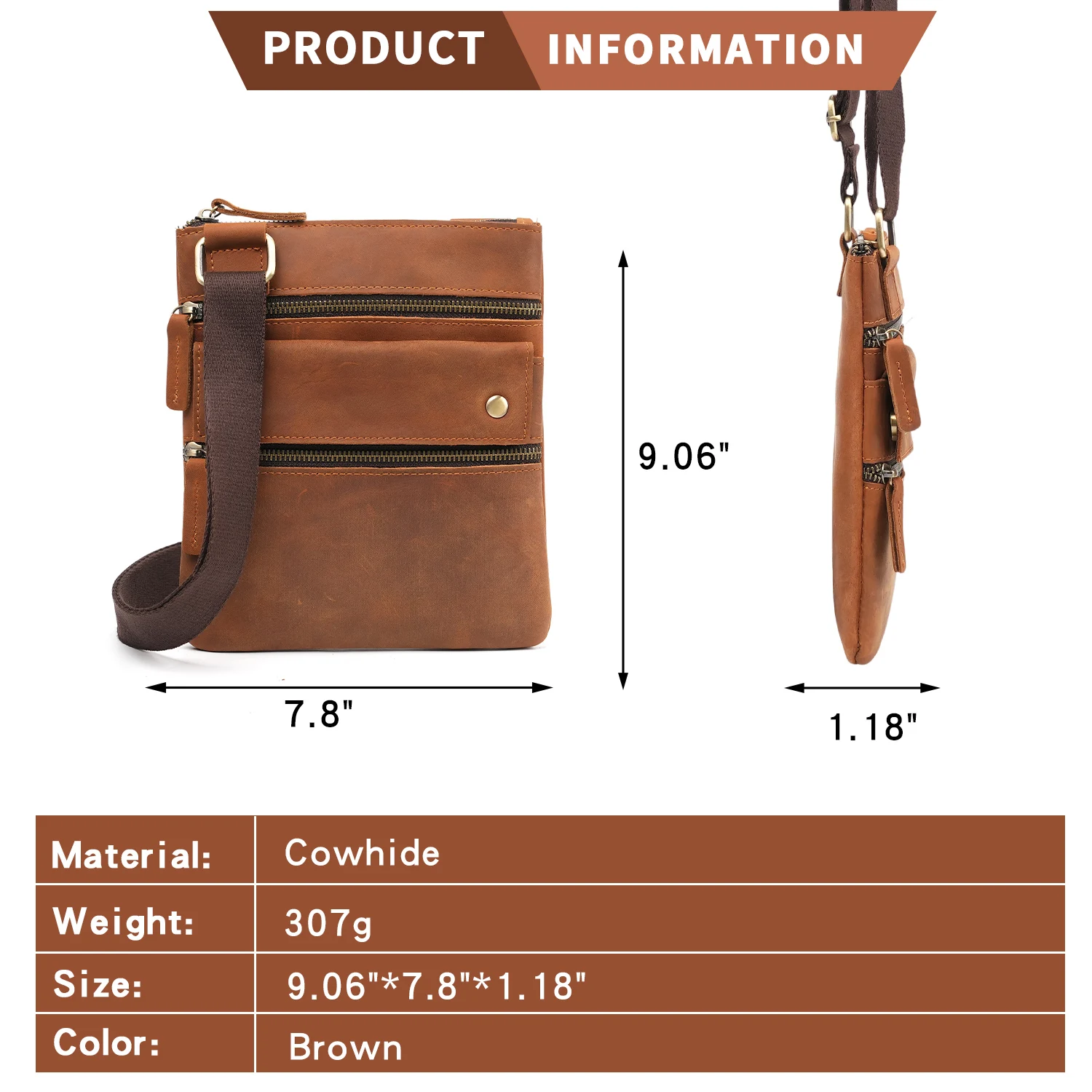 YATBEST Men's Crossbody Bag Made of Genuine Leather Large Capacity Waterproof Retro Shoulder Bag Daily Commuter