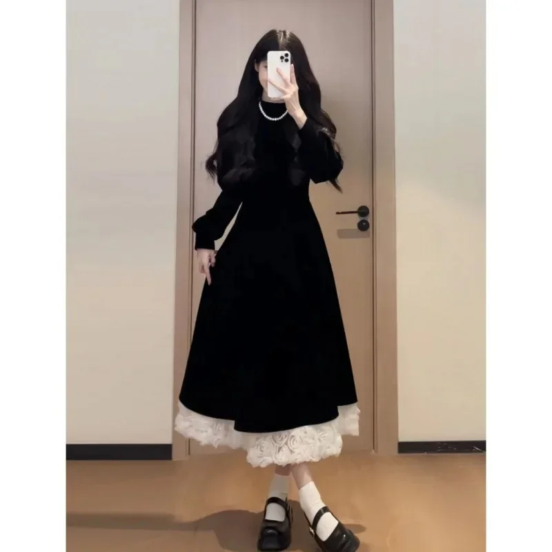 Vestido de Navidad de terciopelo que se pega a la cintura para mujer Otoño Invierno dulce rojo vestido largo antienvejecimiento cuello redondo manga completa hasta el tobillo