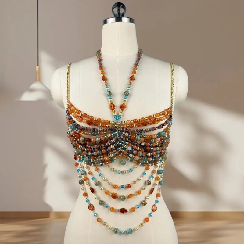 Y3NE Halter Neck Crop Top With Layered Acrylic Multicolor Beaded Body Chain Fashionable Chest Chain For Women Clubwear