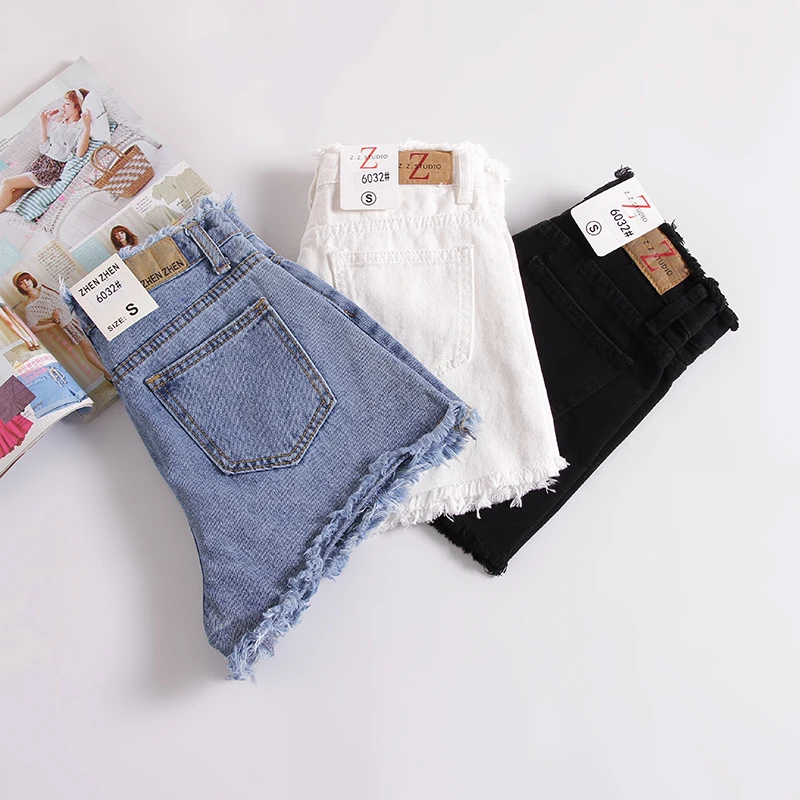 High Waist Frayed Hem Denim Shorts Women Summer New Korean Style Loose Wide Leg Pants Student Black Slimming Jeans Shorts