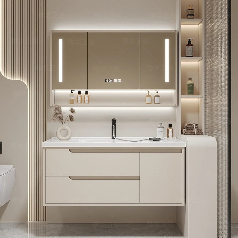 Solid wood ceramic integrated basin bathroom bathroom cabinet combination washbasin bathroom cabinet washstand