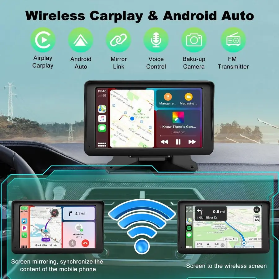 شاشة Carplay للسيارة، 7 HD محمولة لاسلكية Apple Carplay amp Android Auto Touchscreen، مع كاميرا احتياطية 1080P، Car Play Sc