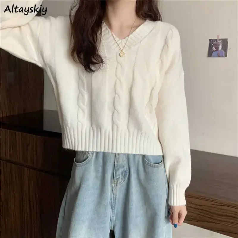 

V-neck Pullovers Women Autumn Fashion New Design Korean Style Loose Casual Slouchy Classic Cropped Tender Gentle All-match Chic