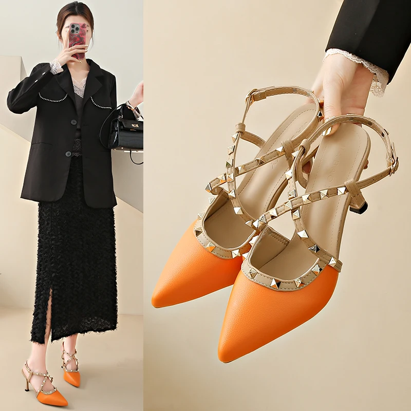 

Women's Fashion Cover Toe Sandals Summer New Pointy Head Shallow Mouth Color Matching Rivets A Line Buckle Non-slip High Heels