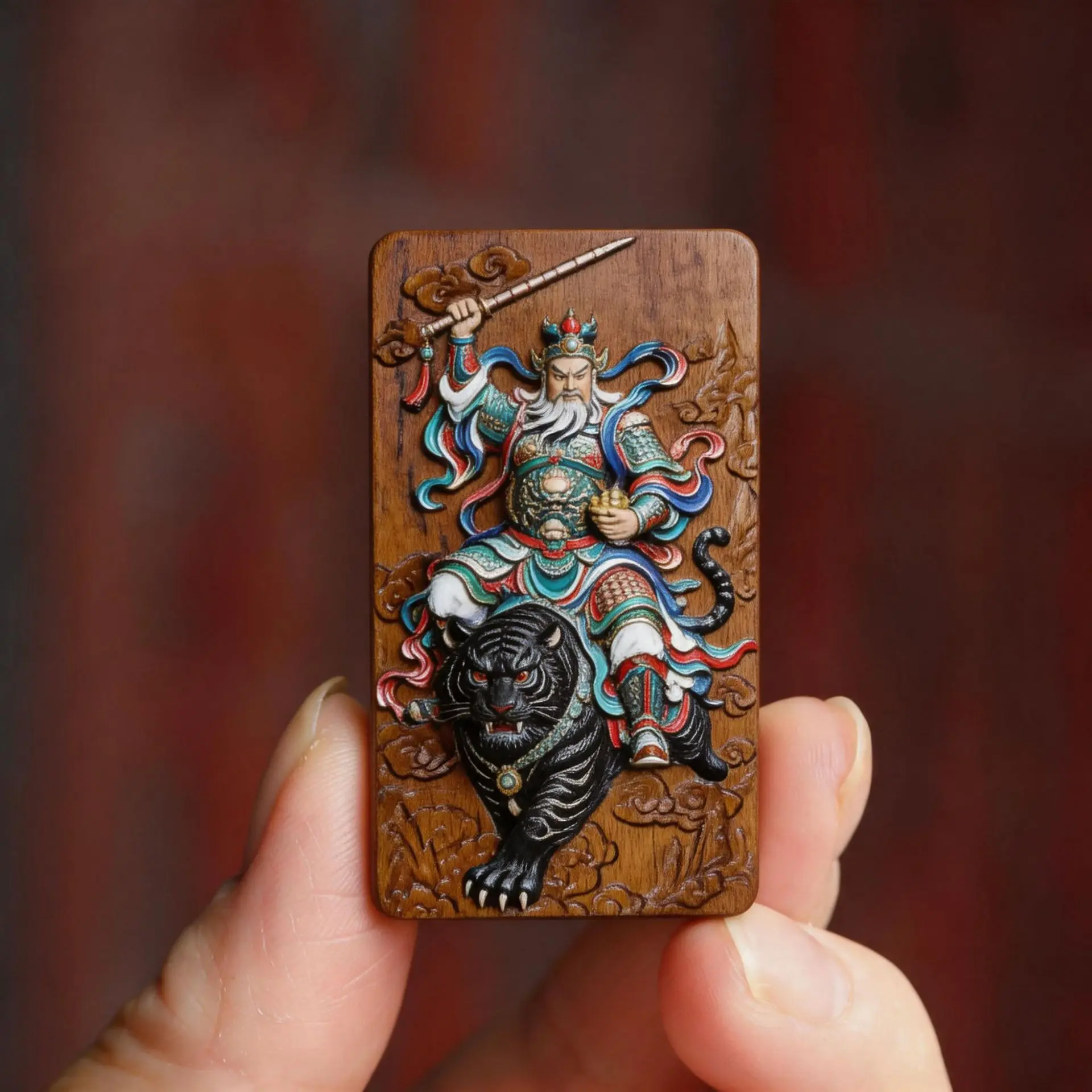 Natural jujube wood finely carved black tiger Zhao Gongming pendant Taoist lightning-struck jujube wood relief wooden plaque car