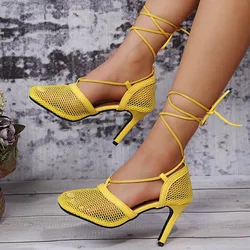 Thigh High Heels Wide Sandals Strap High Mesh Heels Fashion Summer Toe Breathable Women'S Women'S Shoes Insoles Women High Heels