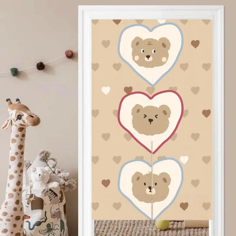 VIKAMA Cream-Colored Cartoon Bear Japanese-Style Half-Door Curtain, Cute Bear Paw Print Privacy Divider Curtain, Home Decor