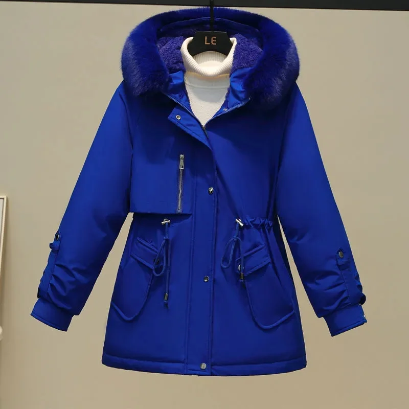 Abrigo grueso de longitud media con capucha para mujer, parka holgada con cuello de piel grande, ropa de nieve cálida para invierno, novedad de 2023