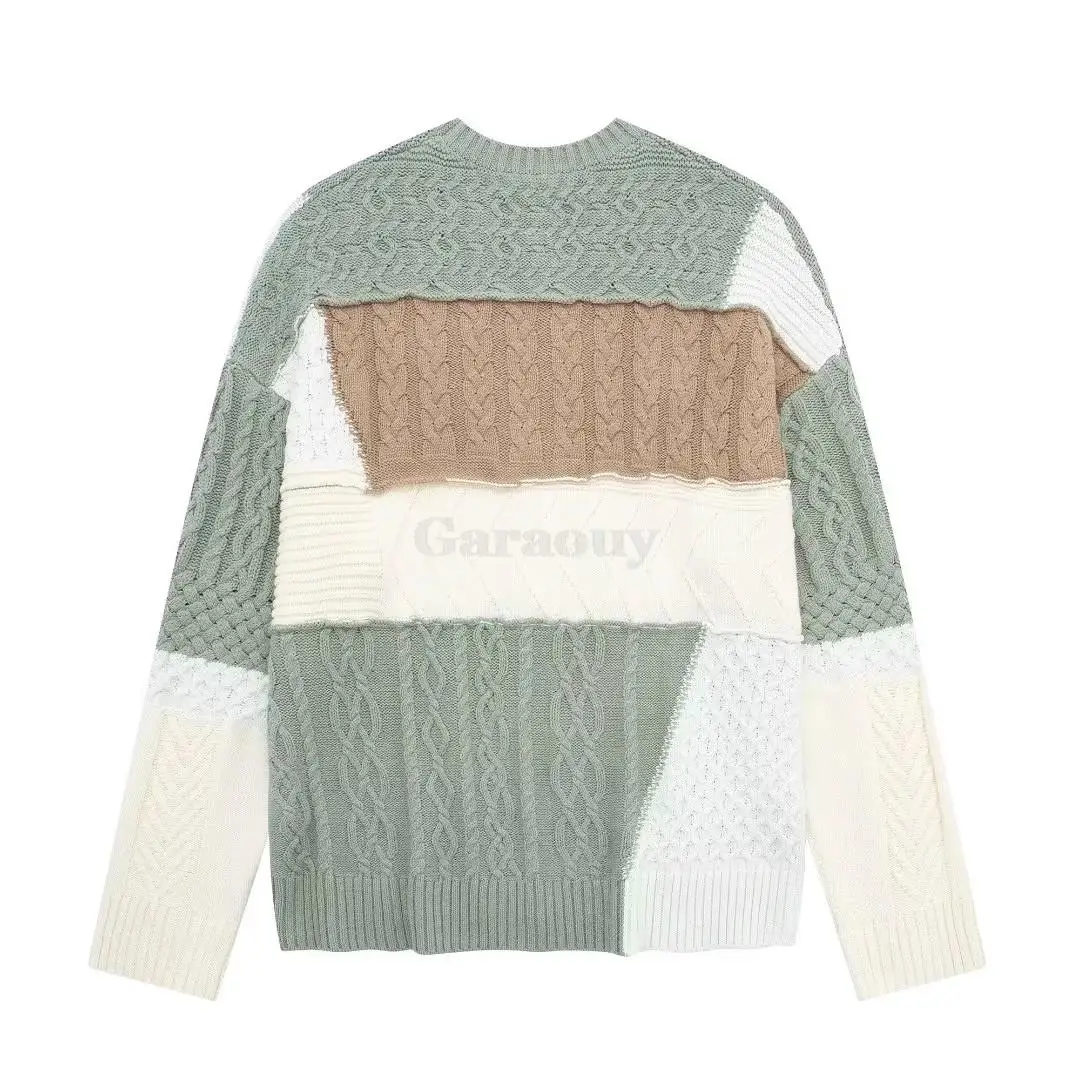 Garaouy 2024 Spring Women Chic O Neck Patchwork Contrast Knit Pullover Female Casual Loose Soft Warm Sweater Knitwear Jumper New