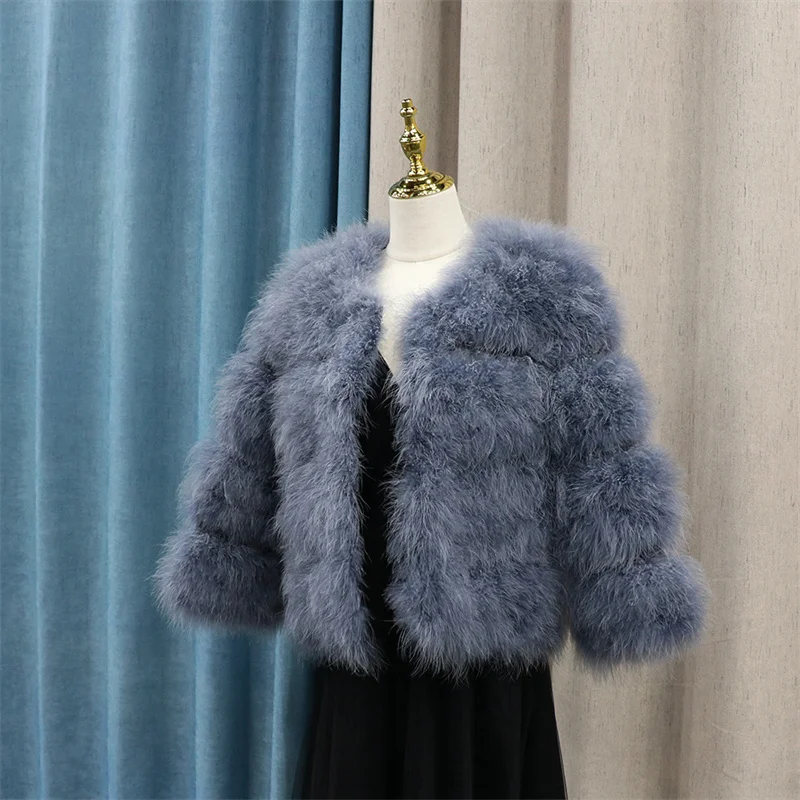 Real Ostrich Fur Feather Coat Short Jacket Furry Fluffy Party Long Sleeve Winter Women Coat Outerwear Plus Size Puffy Turkey Fur
