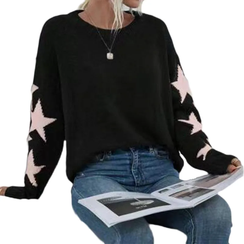 Women's Knitted Sweater Fashionable Solid Color Five Pointed Star Jacquard Round Neck Pullover Sweater