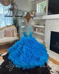 Blue Beaded Crystal Long Prom Dress For Black Girls 2024 Sparkly Sequined Birthday Party Dresses Ruffles Evening Gown Customized